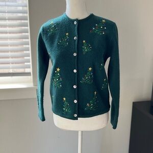KAREN SCOTT Vintage Green Christmas Tree Wool Cardigan Sweater